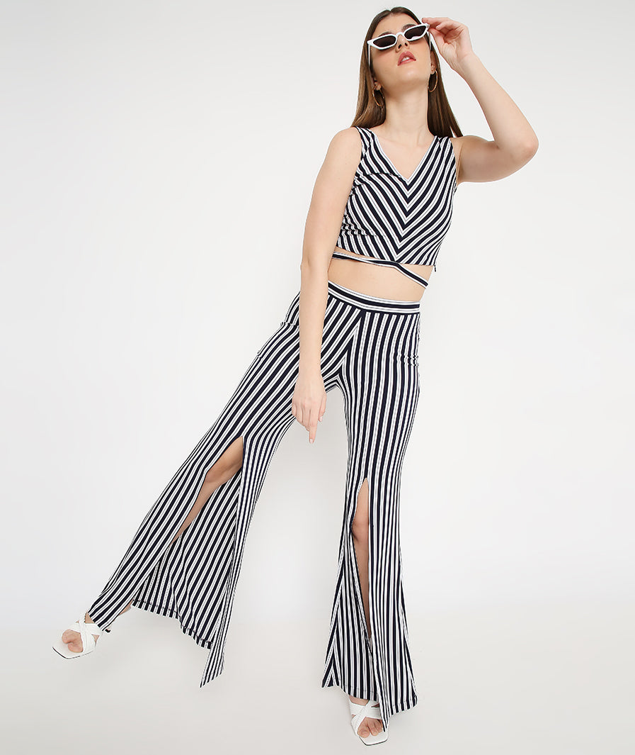 Navy Stripes Pants with Slits